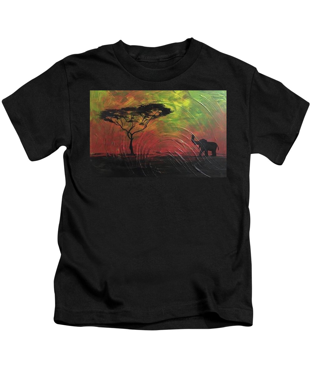 Elephant Kids T-Shirt featuring the painting Sunset on the Savannah #1 by Susan L Sistrunk