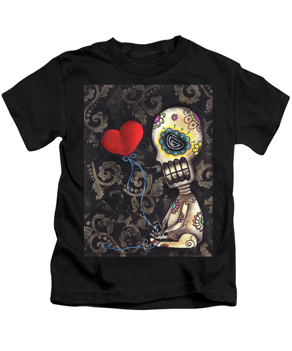 Skeleton Kids T-Shirt featuring the painting Waiting for you by Abril Andrade