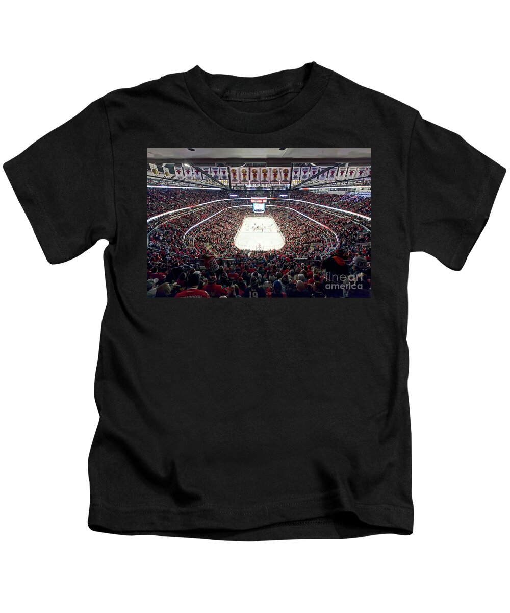 United Kids T-Shirt featuring the photograph 1306 United Center Chicago Blackhawks by Steve Sturgill