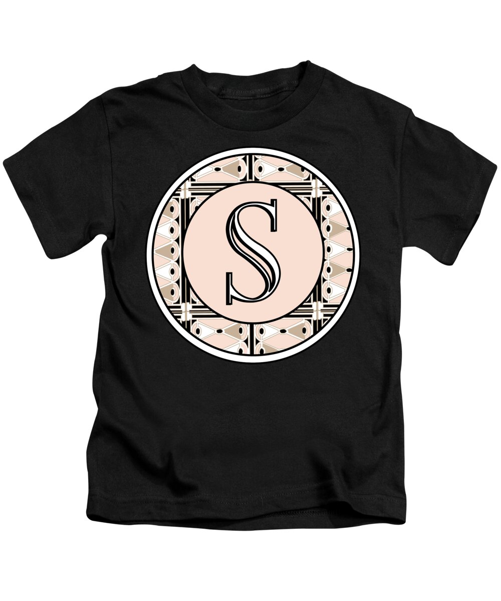 Art Deco Kids T-Shirt featuring the digital art 1920s Pink Champagne Deco Monogram S by Cecely Bloom