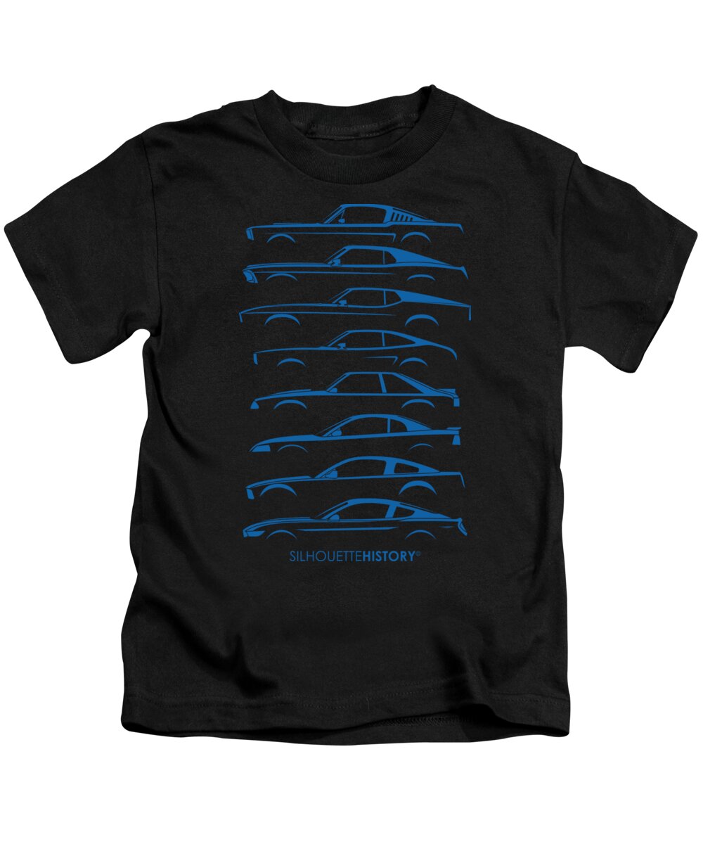 Ford Mustang Kids T-Shirt featuring the digital art American Stallion SilhouetteHistory Blue #2 by Gabor Vida