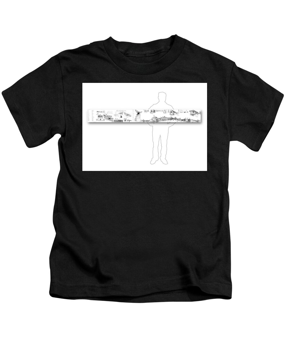 Sustainability Kids T-Shirt featuring the drawing 6.44.Hungary-5-Horizontal-with-Figure by Charlie Szoradi