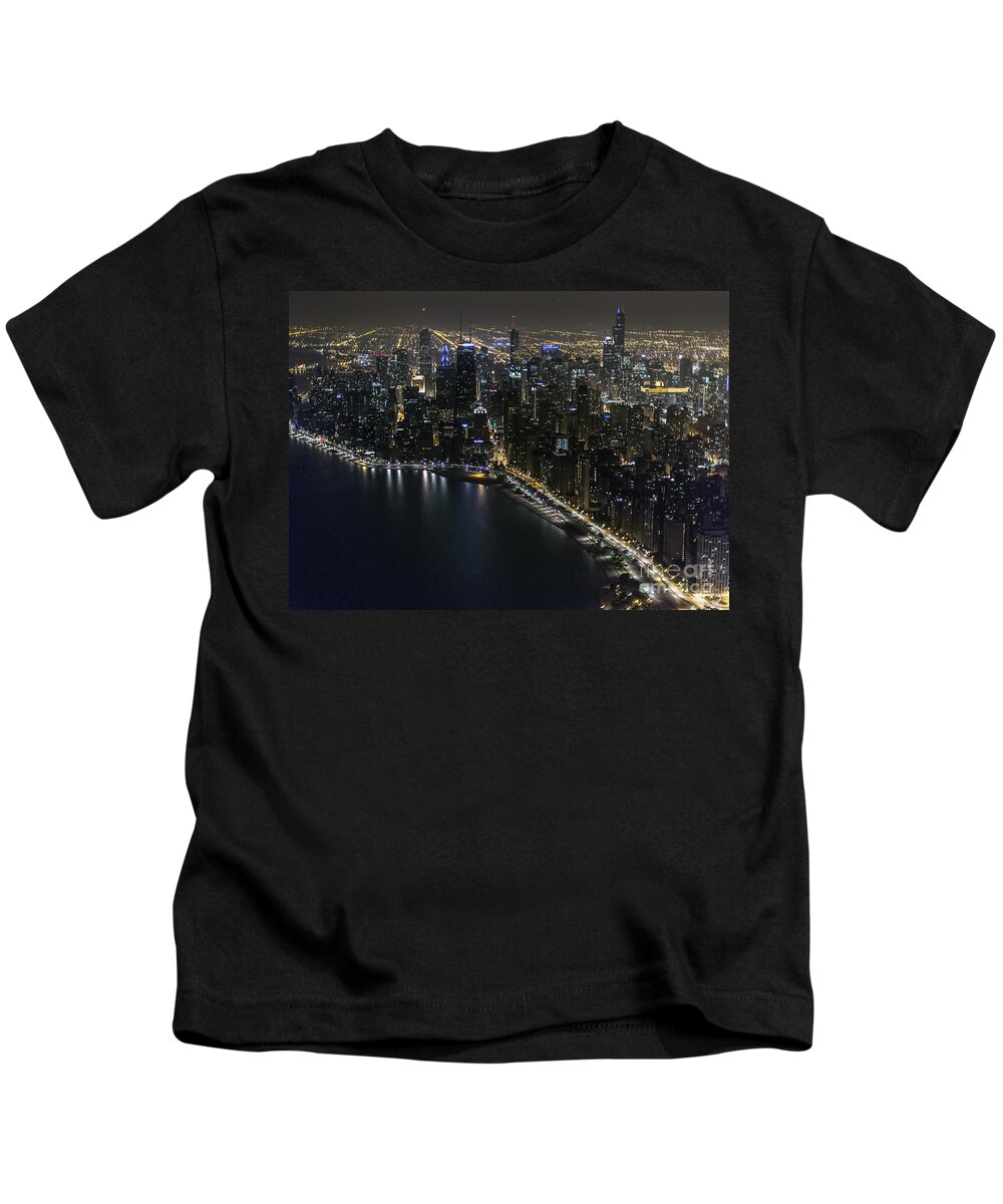 Chicago Kids T-Shirt featuring the photograph Chicago Night Skyline Aerial Photo #13 by David Oppenheimer