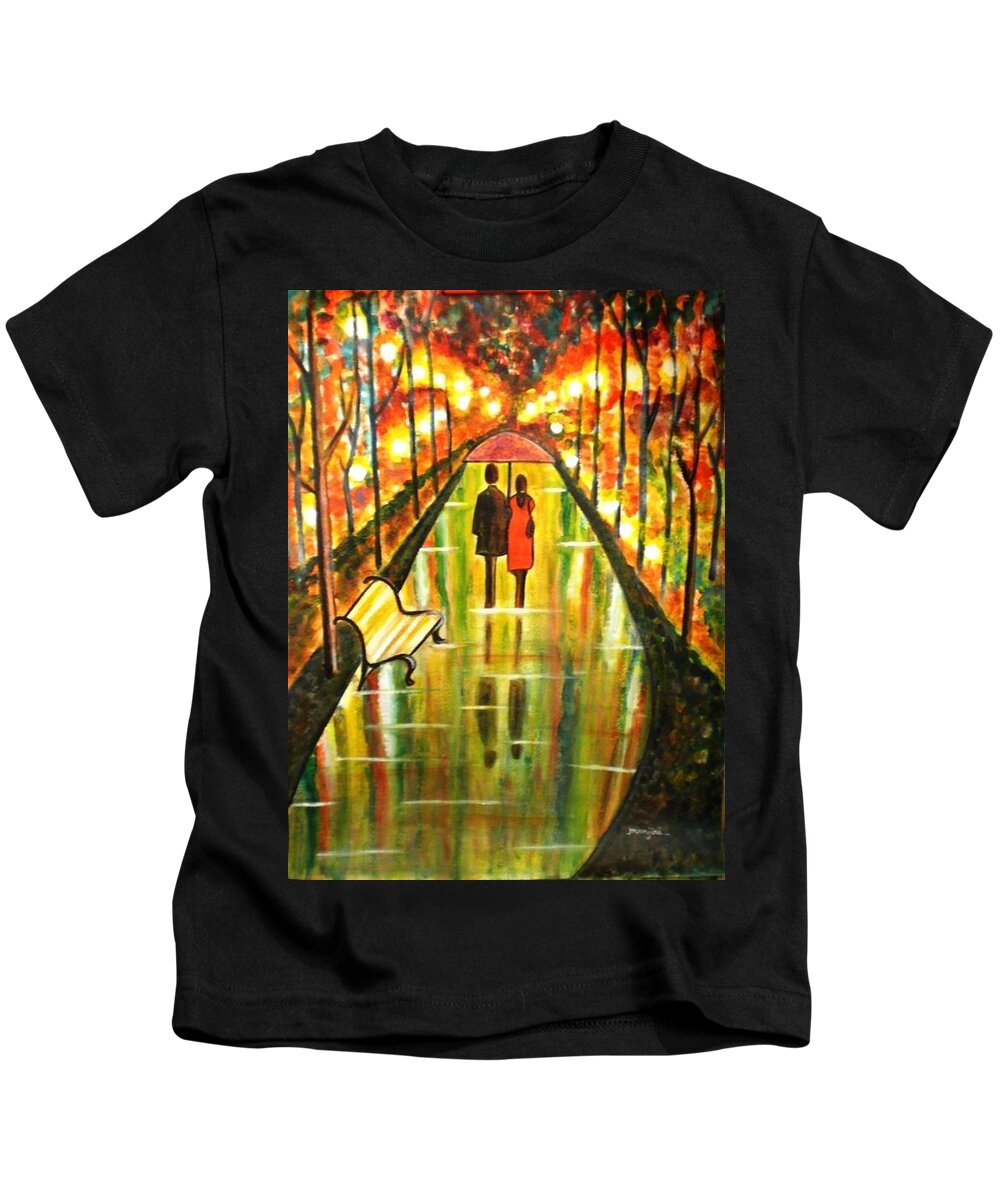 Romantic Painting Art Colorful Rainy Umbrella Bench Road Kids T-Shirt featuring the painting A Rainy Day III by Manjiri Kanvinde