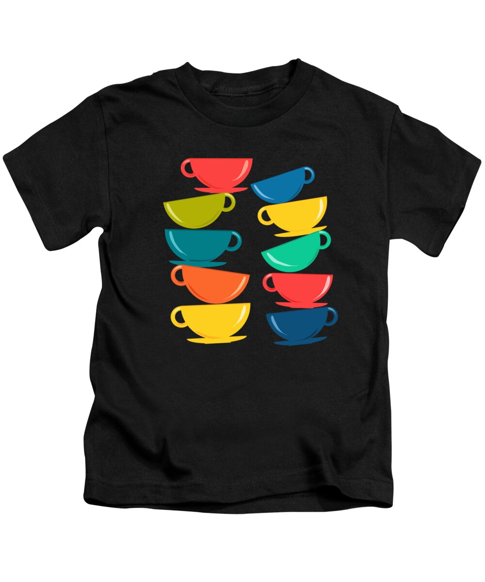 Graphic-design Kids T-Shirt featuring the painting A Teetering Tower Of Colorful Tea Cups by Little Bunny Sunshine
