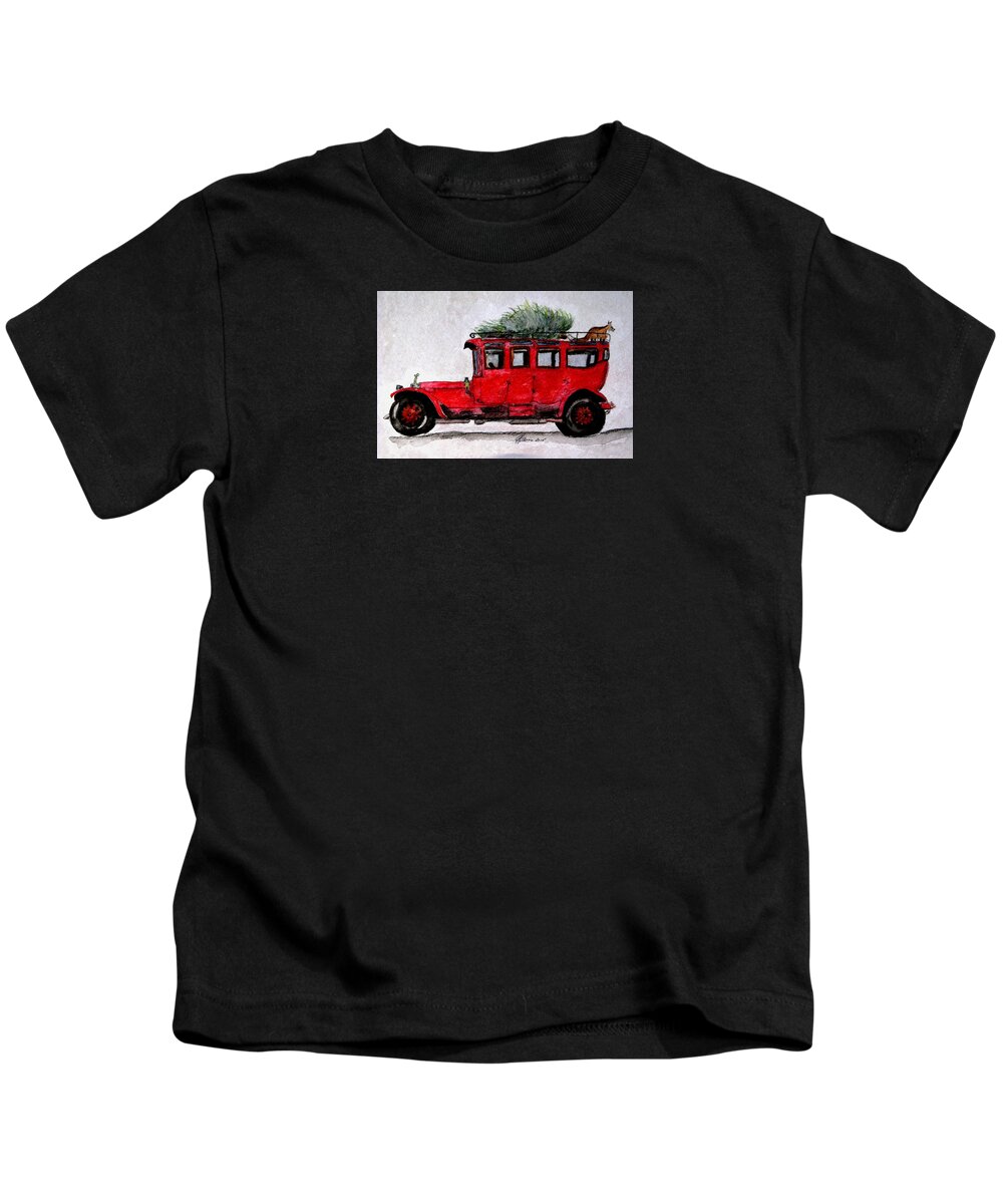 Antique Cars Kids T-Shirt featuring the painting After The Fox Tally Ho Ho Ho by Angela Davies