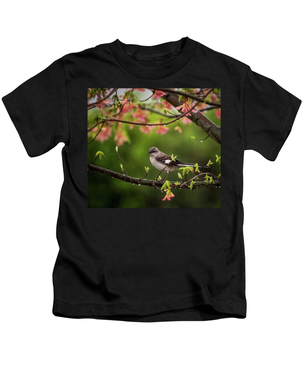 Terry D Photography Kids T-Shirt featuring the photograph April Showers Bring May Flowers Mocking Bird by Terry DeLuco
