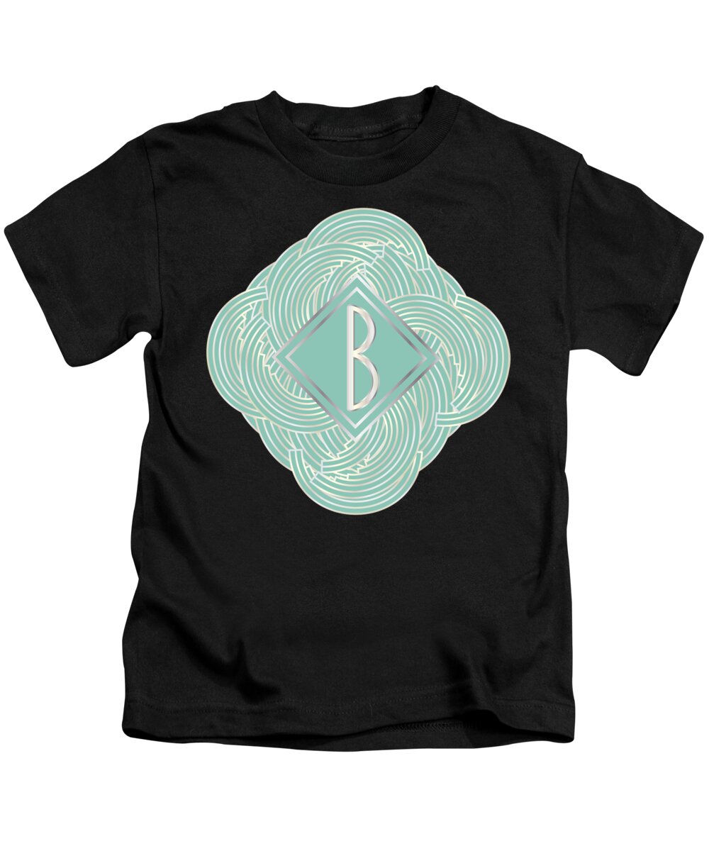 Monogrammed Kids T-Shirt featuring the digital art 1920s Blue Deco Jazz Swing Monogram ...letter B by Cecely Bloom