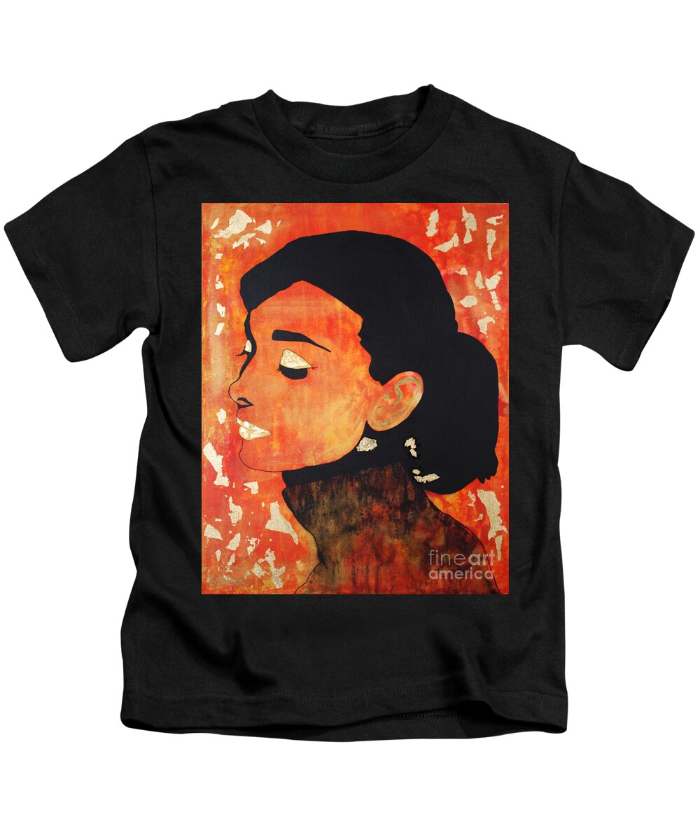 Audrey Hepburn Kids T-Shirt featuring the painting AUDREY HEPBURN / Gold by Kathleen Artist PRO