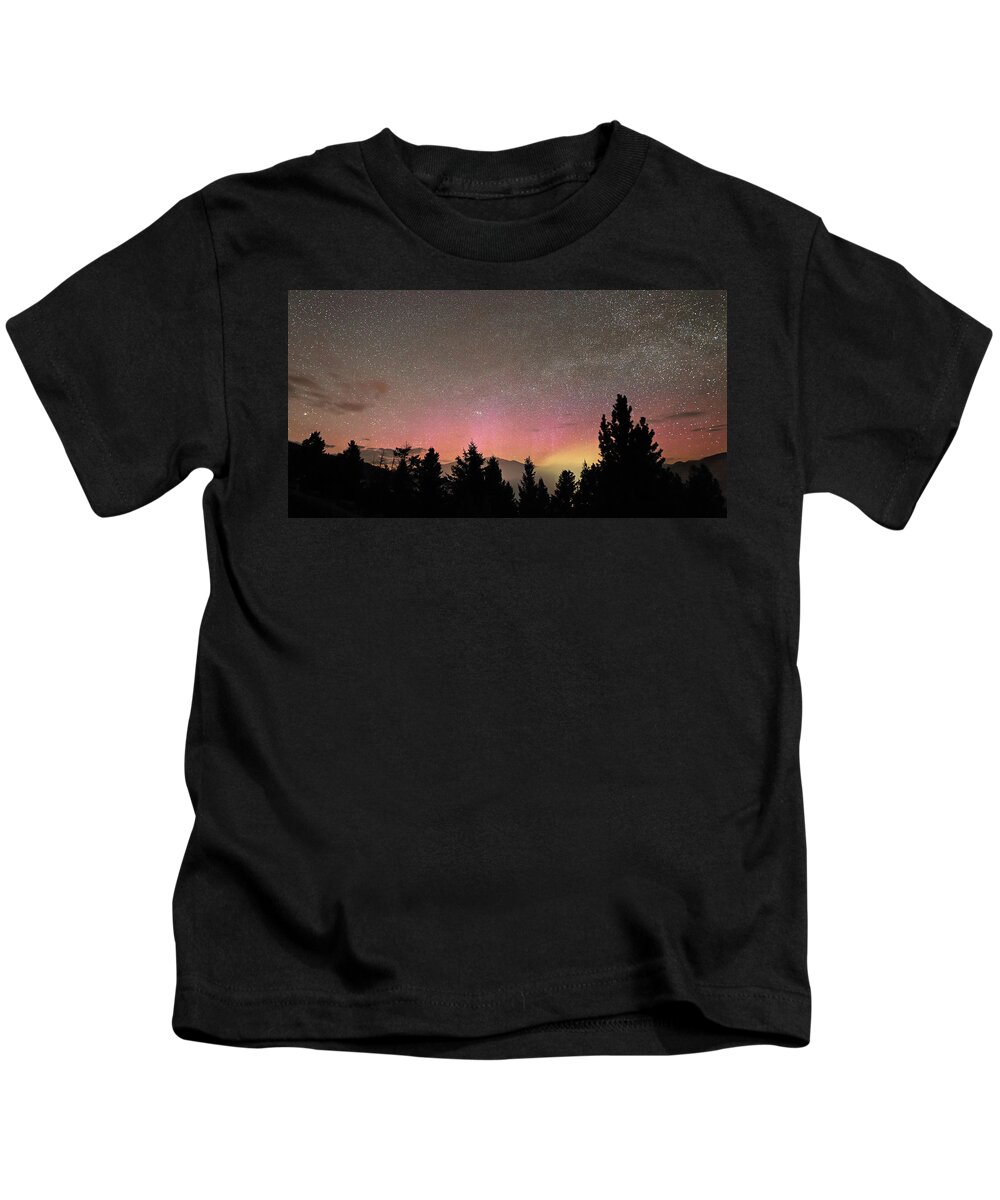 Aurora Kids T-Shirt featuring the photograph Aurora Borealis over Mammoth Hot Springs in Yellowstone NP by Jean Clark