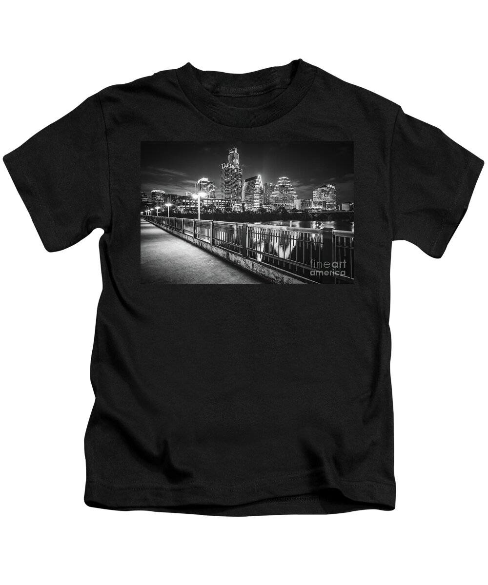 2016 Kids T-Shirt featuring the photograph Austin Skyline at Night Black and White Picture by Paul Velgos