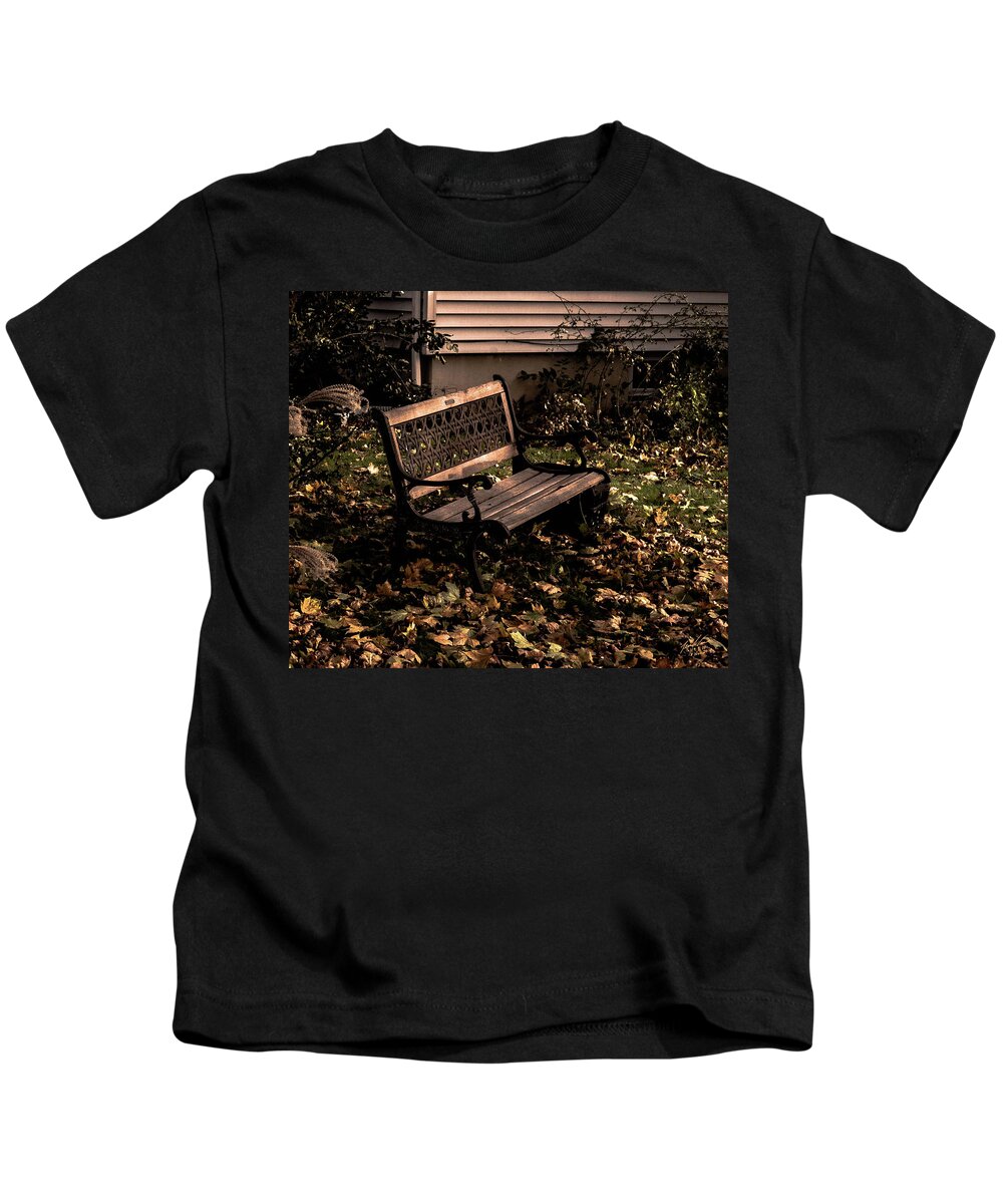 Bench Kids T-Shirt featuring the photograph Autumnal Solace by Leon deVose
