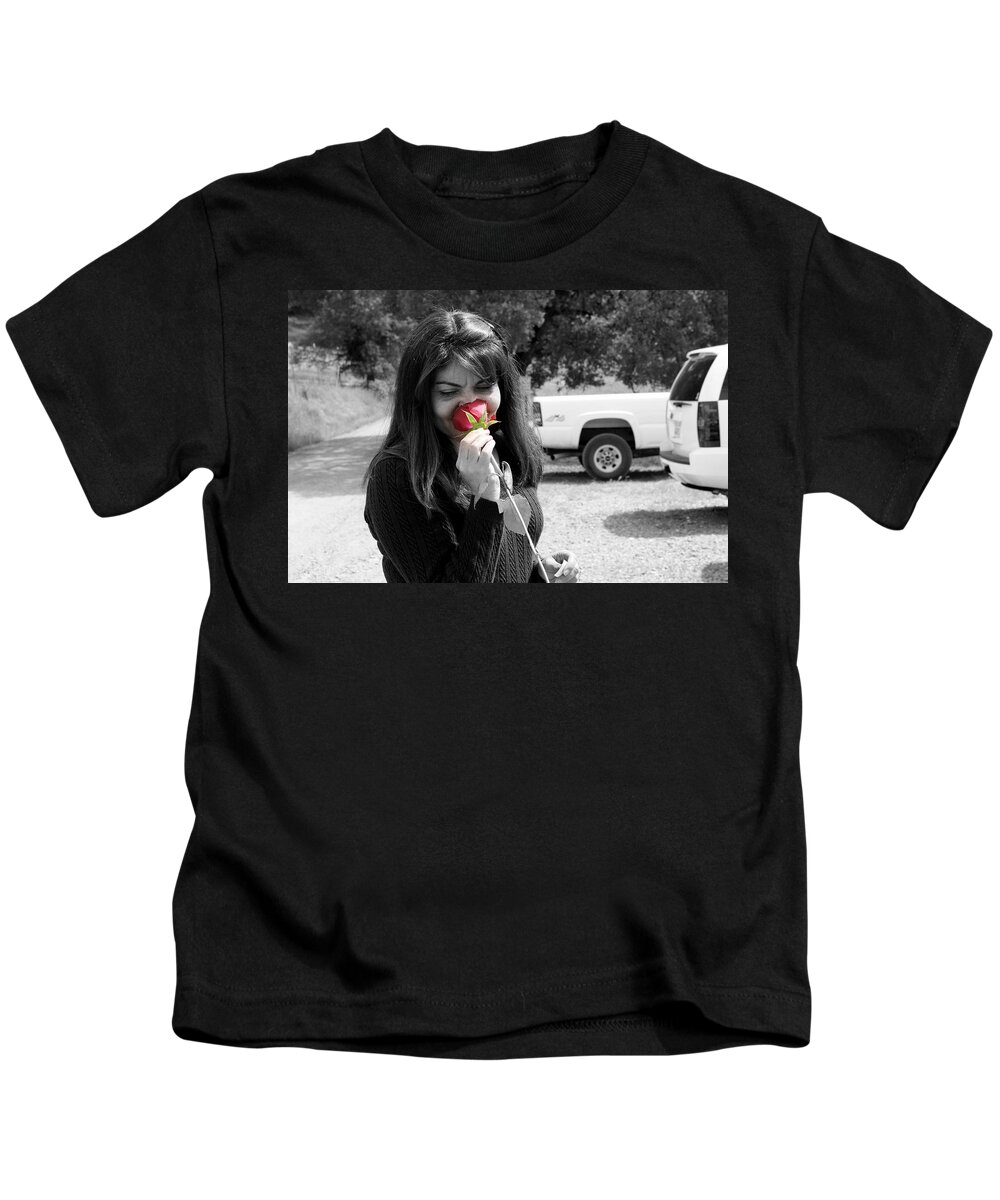 Focal Black And White Kids T-Shirt featuring the photograph Beauty with Rose by Randy Wehner