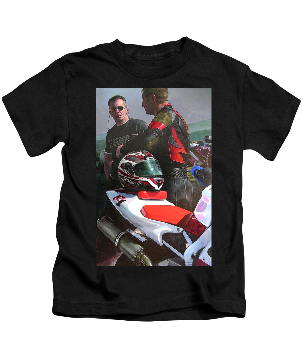 Bikers Kids T-Shirt featuring the painting Bikers at the Horseshoe Pass by Harry Robertson