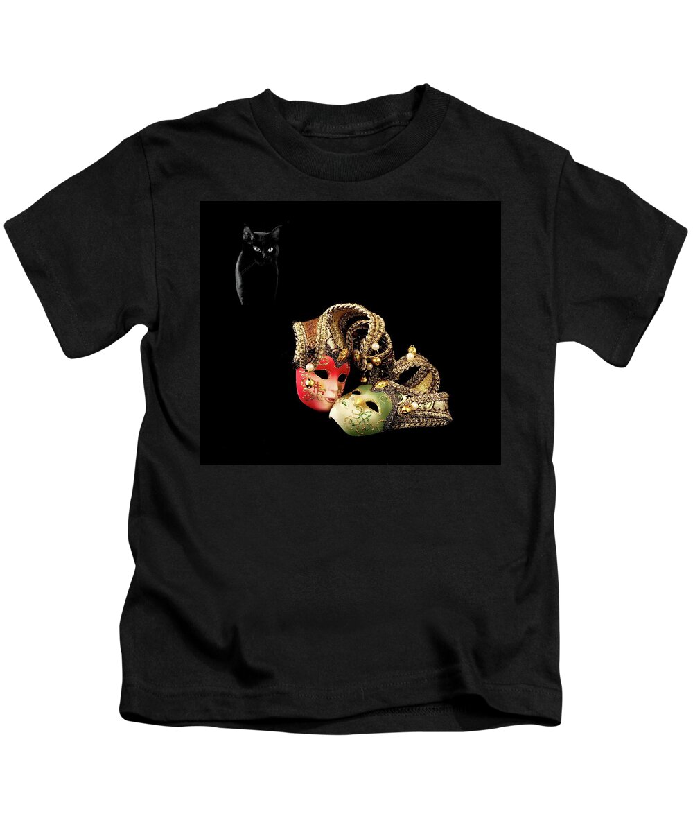 Alex Lyubar Kids T-Shirt featuring the photograph Black cat and love by Alex Lyubar