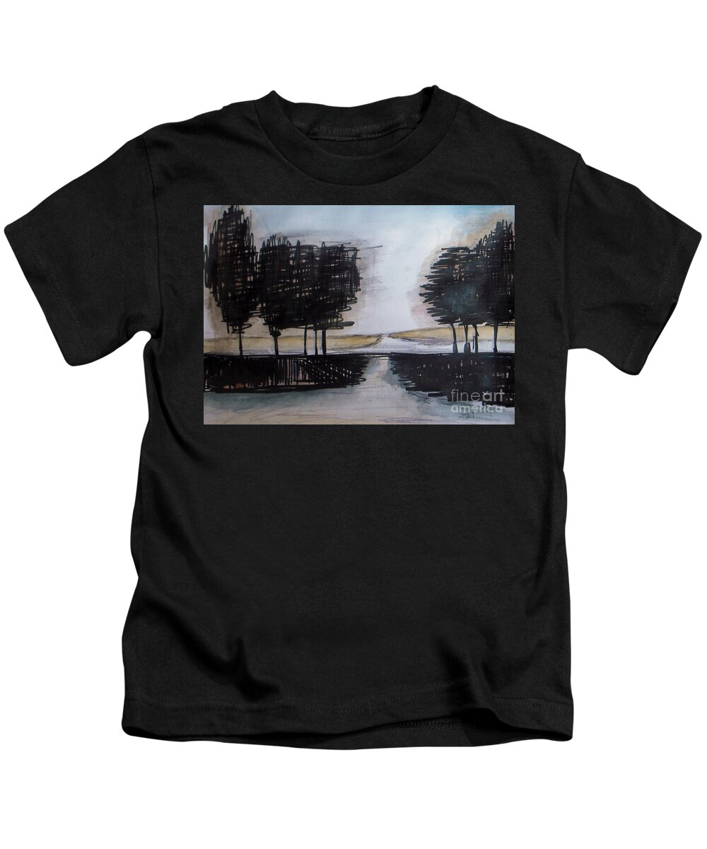 Black And White Kids T-Shirt featuring the painting Trees on Rural Road 1 by Vesna Antic