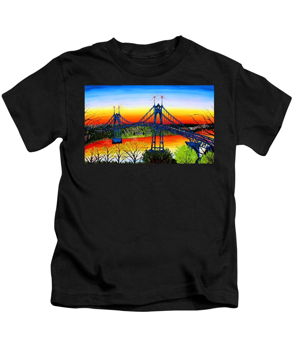  Kids T-Shirt featuring the painting Blue Night Of St. Johns Bridge At Sunset #3 by James Dunbar