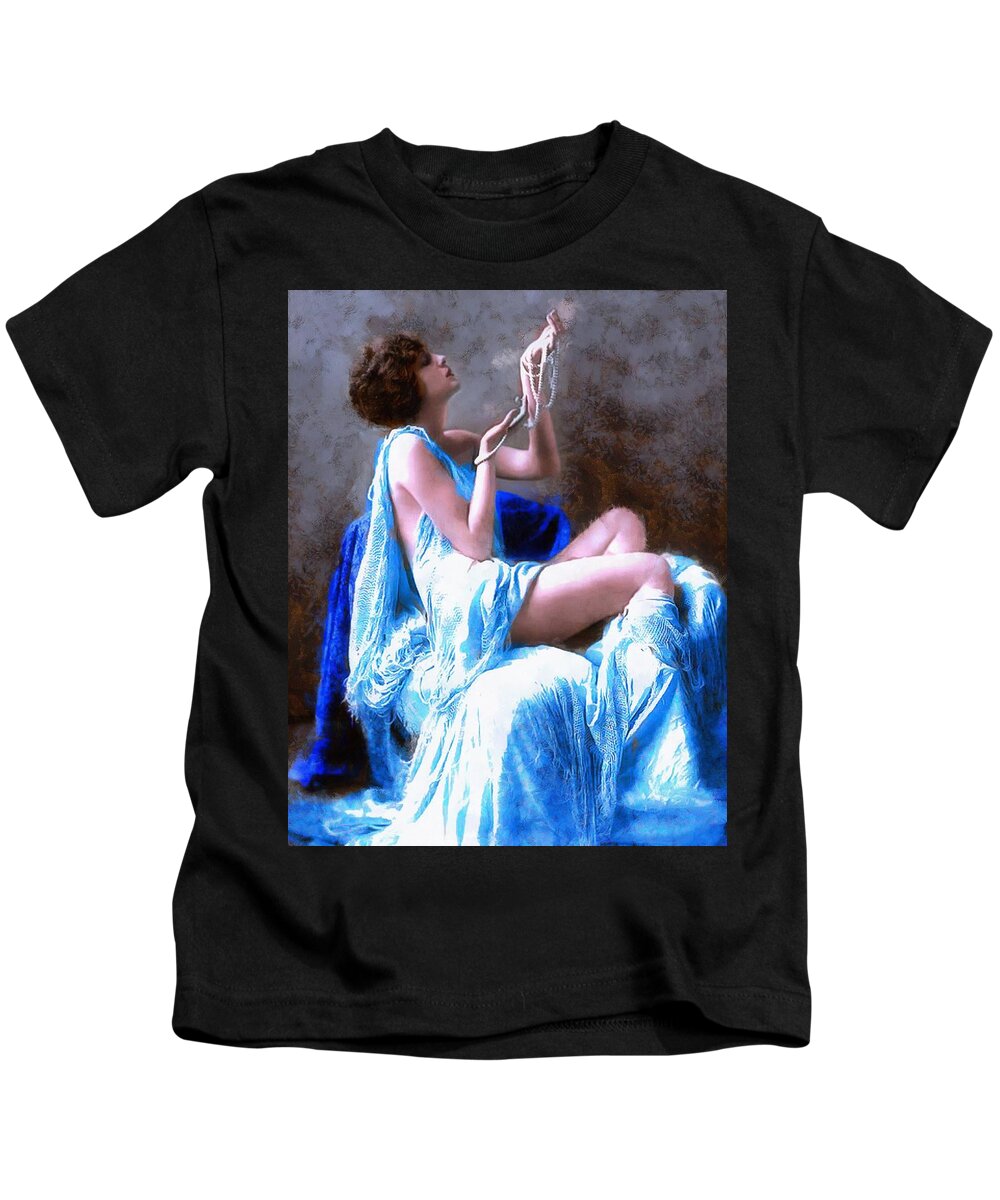 Beautiful Woman Kids T-Shirt featuring the digital art Blue Pearls by Caterina Christakos