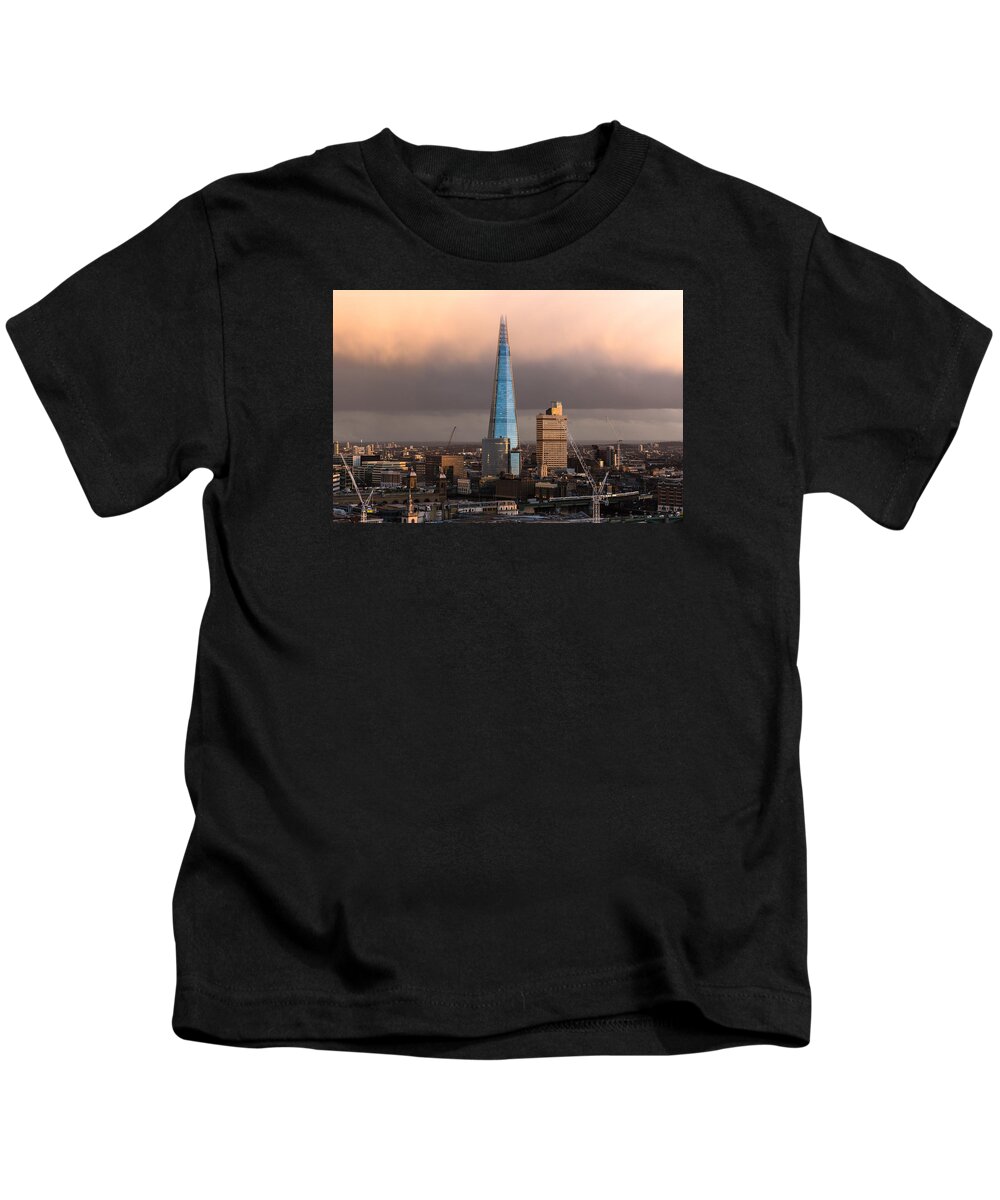 British Construction Kids T-Shirt featuring the photograph Blue Shard winter dusk London by Gary Eason