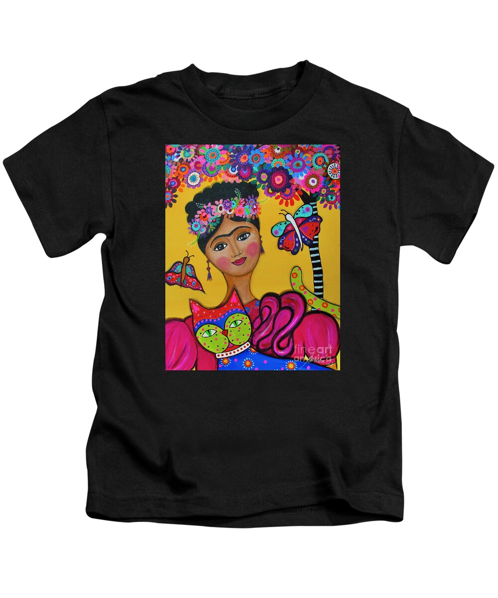 Tree Kids T-Shirt featuring the painting Brigit's Frida And Cat by Pristine Cartera Turkus