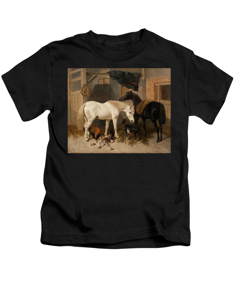 John Frederick Herring (senior) 1795 � 1865 British Barn Interior With Two Horses Kids T-Shirt featuring the painting British Barn Interior with Two Horses by John Frederick Herring