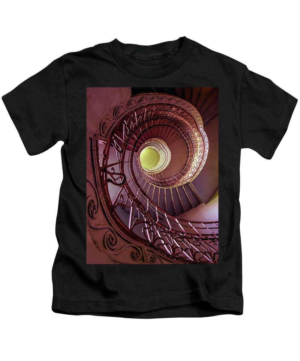 Architecture Kids T-Shirt featuring the photograph Brown spiral art deco staircase by Jaroslaw Blaminsky