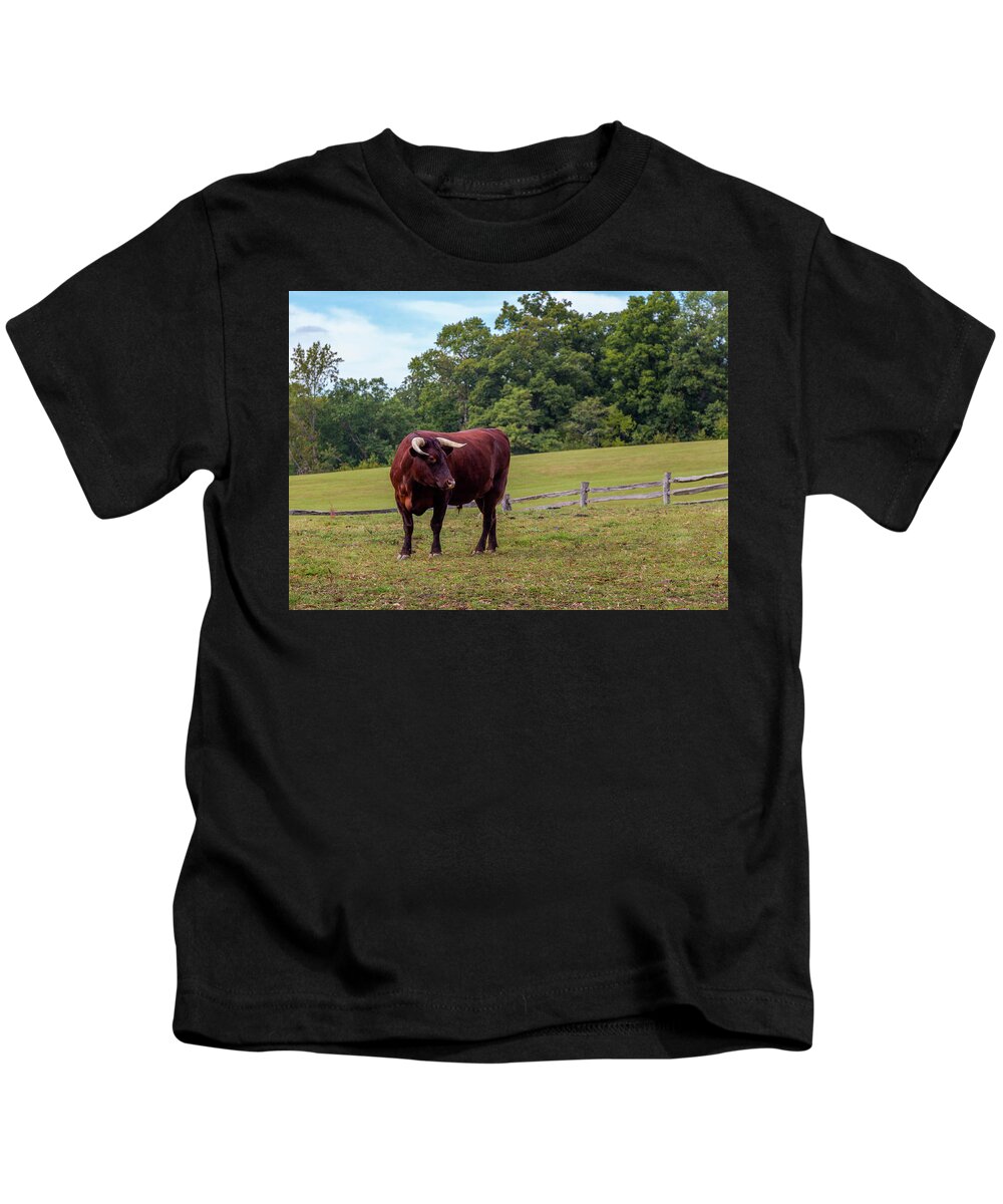  Bull Kids T-Shirt featuring the photograph Bull in Field by Ed Clark