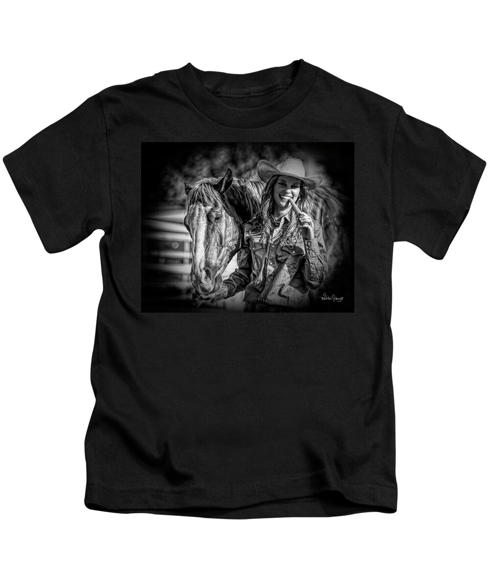 Carrots Kids T-Shirt featuring the digital art Carrots Cowgirls and Horses Black by Walter Herrit