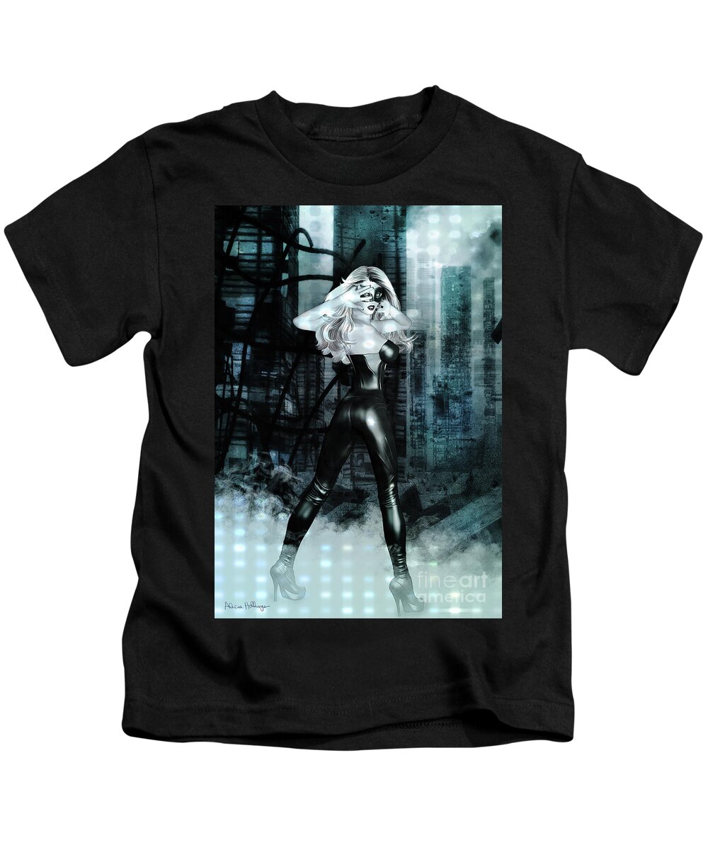 Comic Kids T-Shirt featuring the digital art Cat Girl Comic Style PinUp by Alicia Hollinger