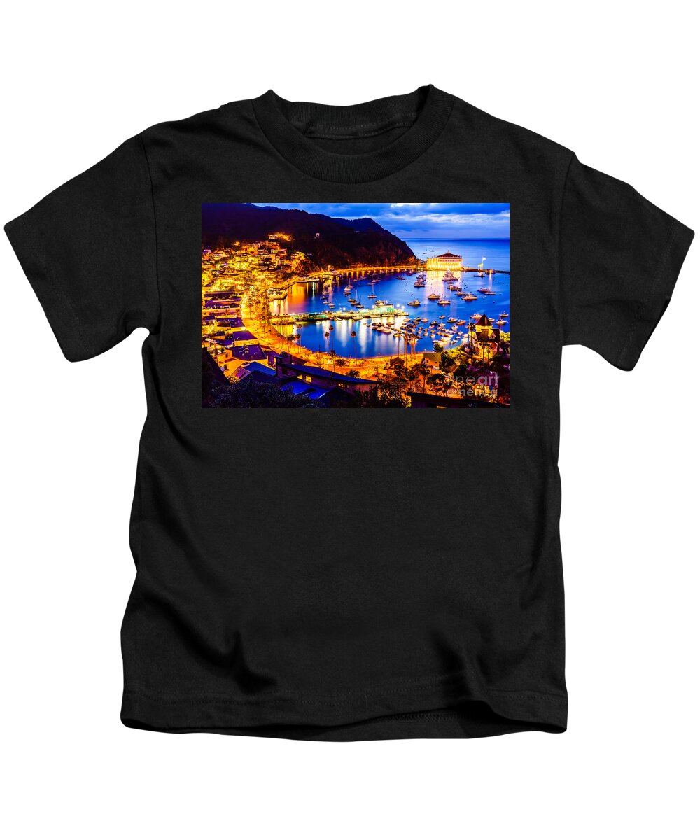 America Kids T-Shirt featuring the photograph Catalina Island Avalon Bay at Night by Paul Velgos