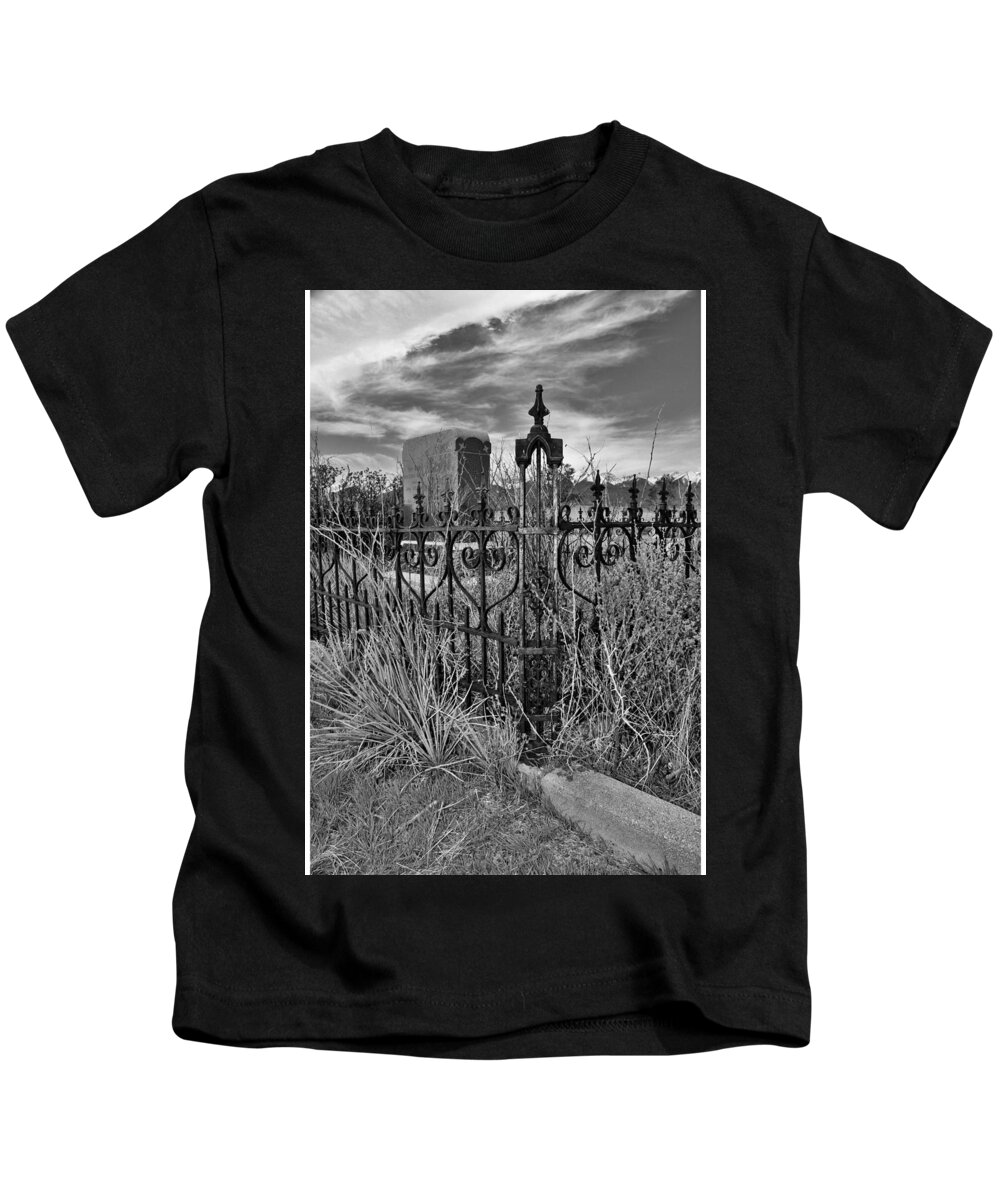 Cemetery Kids T-Shirt featuring the photograph Cemetery Fence Post and Sky by Sandra Dalton