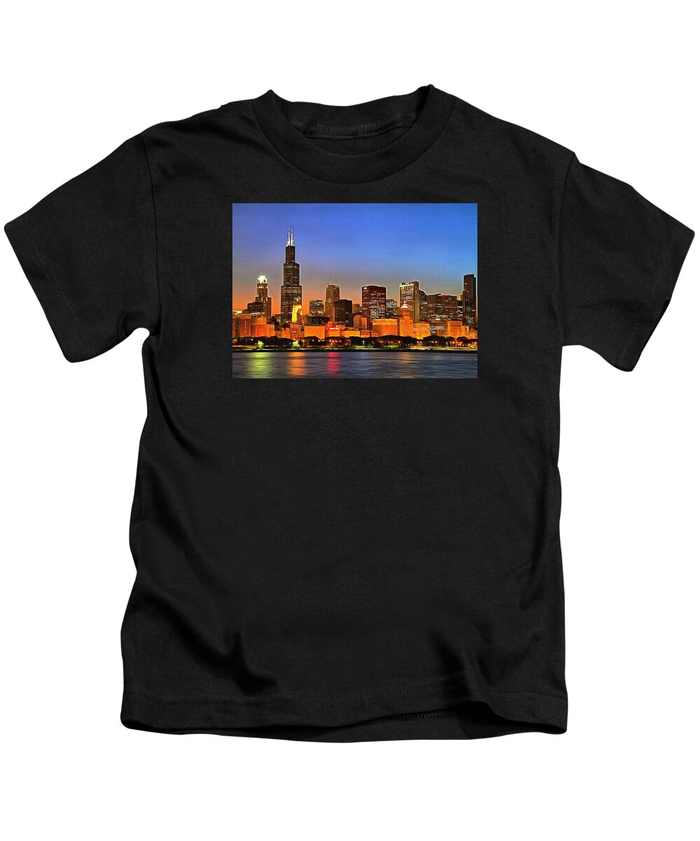Chicago Kids T-Shirt featuring the digital art Chicago Dusk by Charmaine Zoe