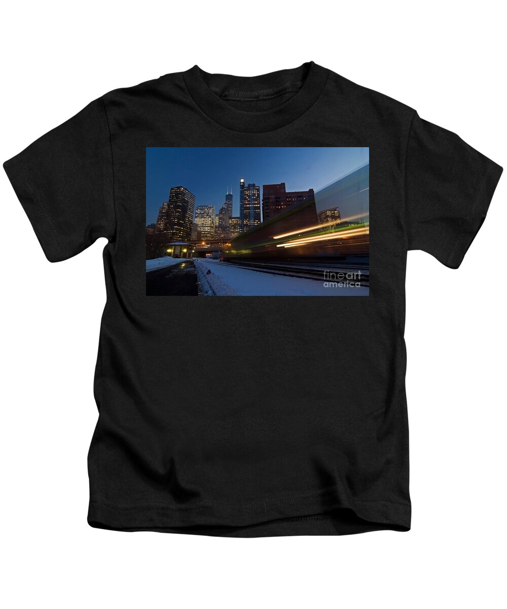 Chicago Skyline Kids T-Shirt featuring the photograph Chicago Train Blur by Sven Brogren