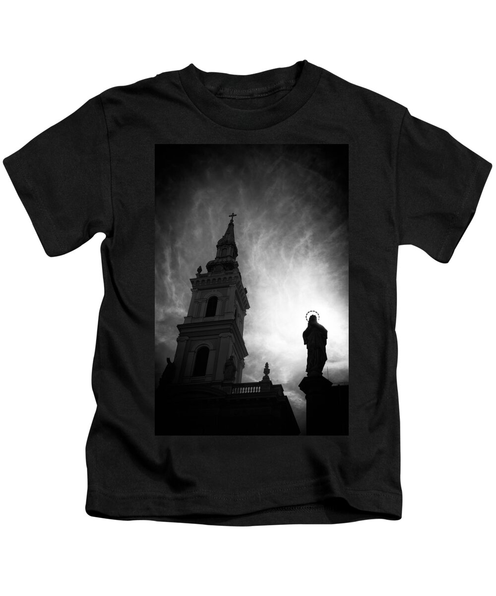 Church Kids T-Shirt featuring the photograph Church with Jesus statue black and white by Matthias Hauser