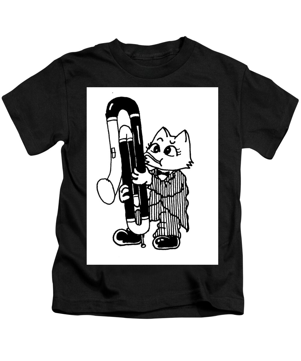 Bassoon Kids T-Shirt featuring the drawing Contra Bassoon Cat by Minami Daminami