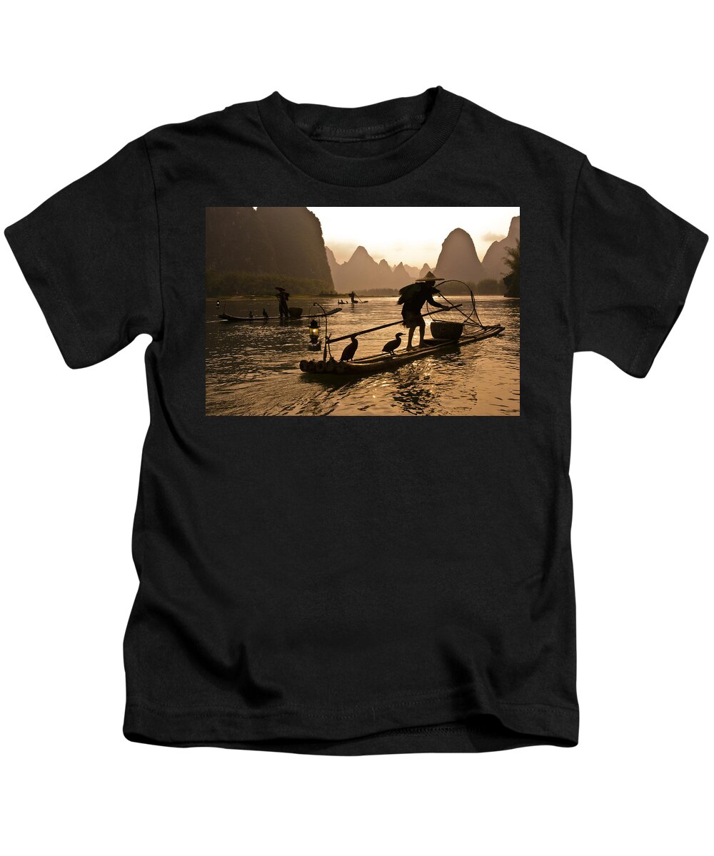 Asia Kids T-Shirt featuring the photograph Cormorant Fishermen at Sunset by Michele Burgess