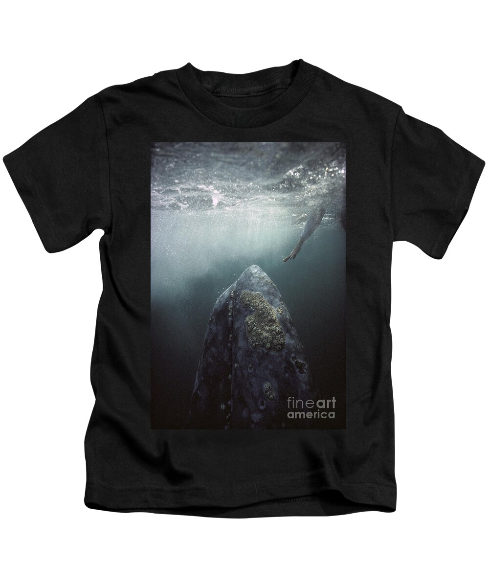00143390 Kids T-Shirt featuring the photograph Curious Gray Whale and Tourist by Tui De Roy