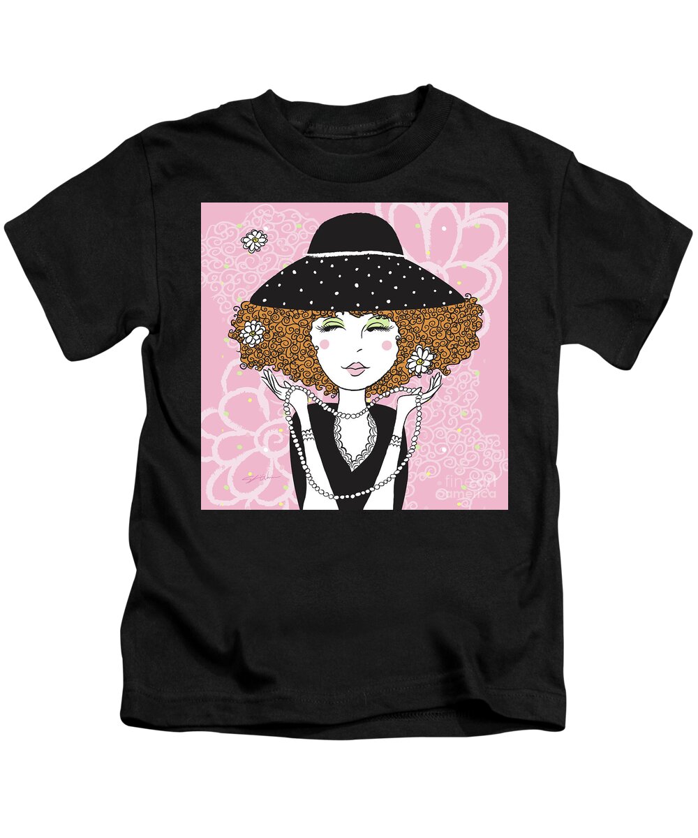 Hat Kids T-Shirt featuring the digital art Curly Girl in Polka Dots by Shari Warren