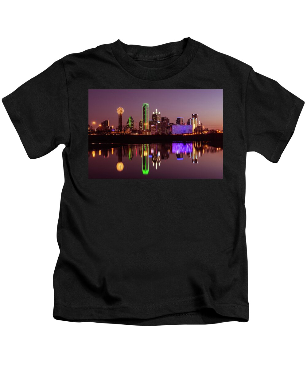 Dallas Kids T-Shirt featuring the photograph Dallas Skyline with reflection at dawn by Mati Krimerman