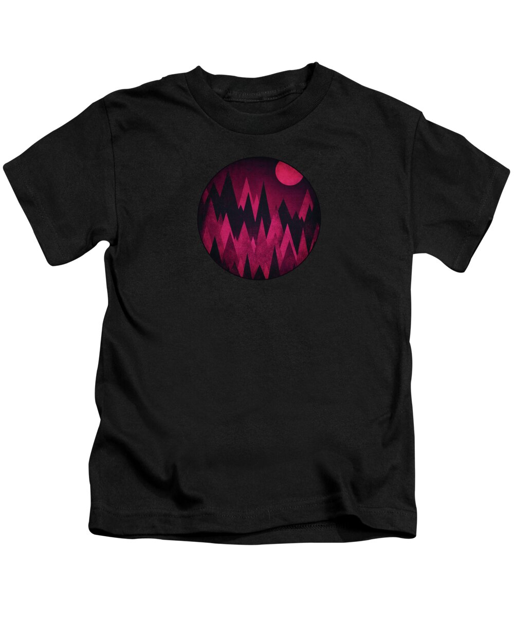  Abstract Kids T-Shirt featuring the digital art Dark Triangles - Peak Woods Abstract Grunge Mountains Design in red black by Philipp Rietz