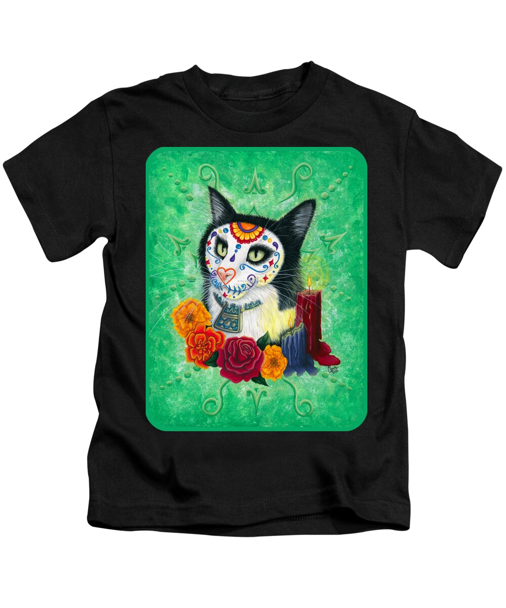 Dia De Los Muertos Gato Kids T-Shirt featuring the painting Day of the Dead Cat Candles - Sugar Skull Cat by Carrie Hawks