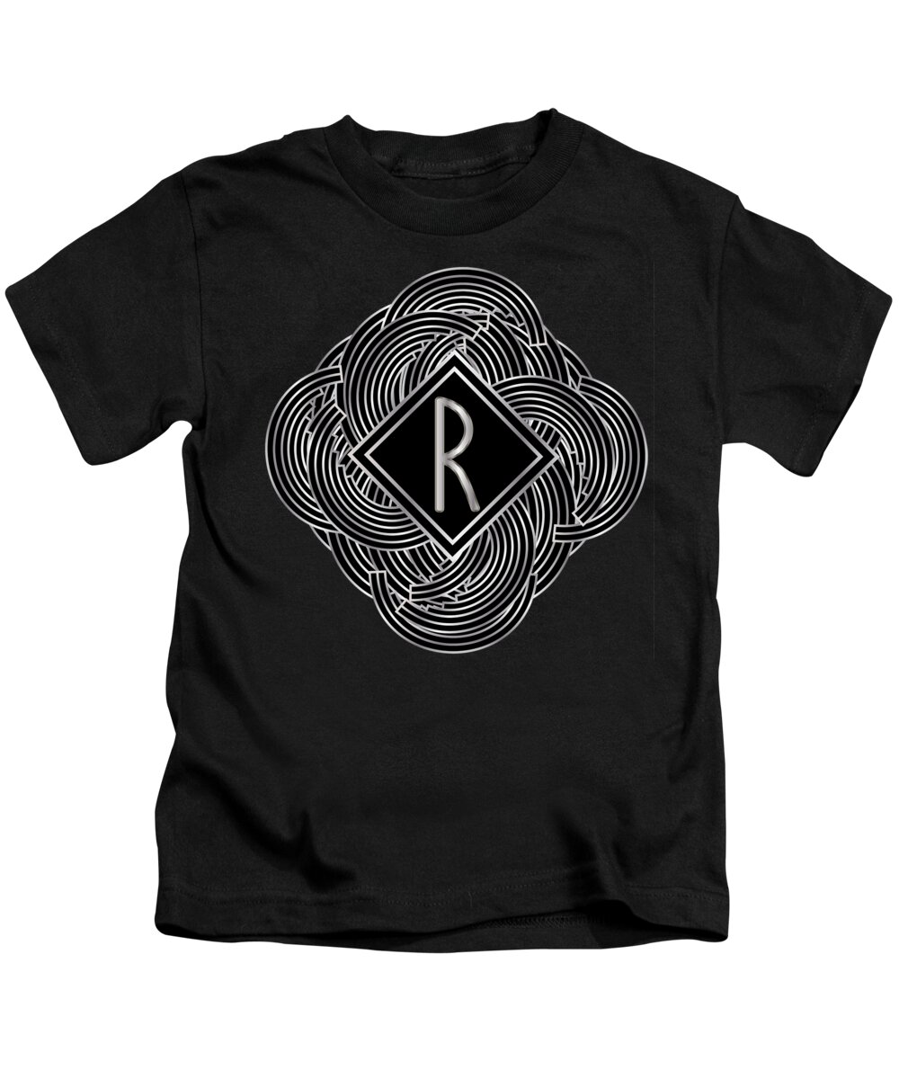 Monogram Kids T-Shirt featuring the digital art Deco Jazz Swing Monogram ...letter R by Cecely Bloom