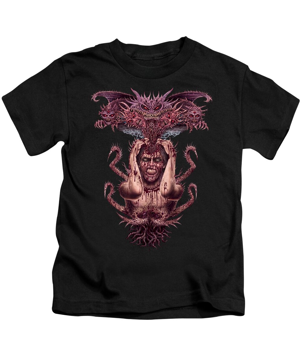 Migraine Headache Demon Possessed Angry Rage Airbrush Horror Fantasy Lovecraft Creature Monster Hellspawn Deadly Markcooperart Mindrape Coom Stress Bloody Gore Parasites Kids T-Shirt featuring the digital art Brainstorm by Mark Cooper