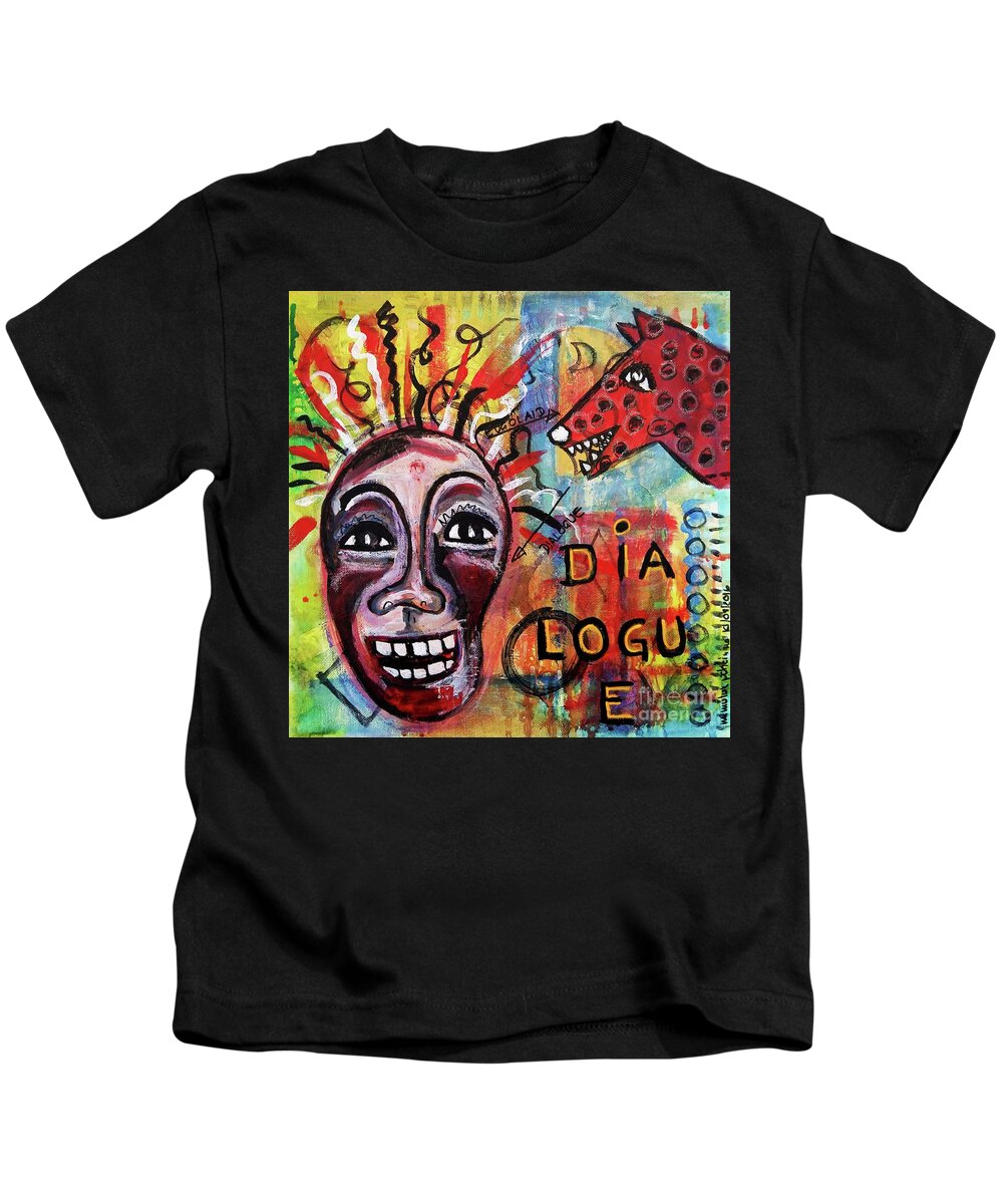 Outsider Art Kids T-Shirt featuring the mixed media Dialogue Between Red Dawg And Wildwoman-self by Mimulux Patricia No