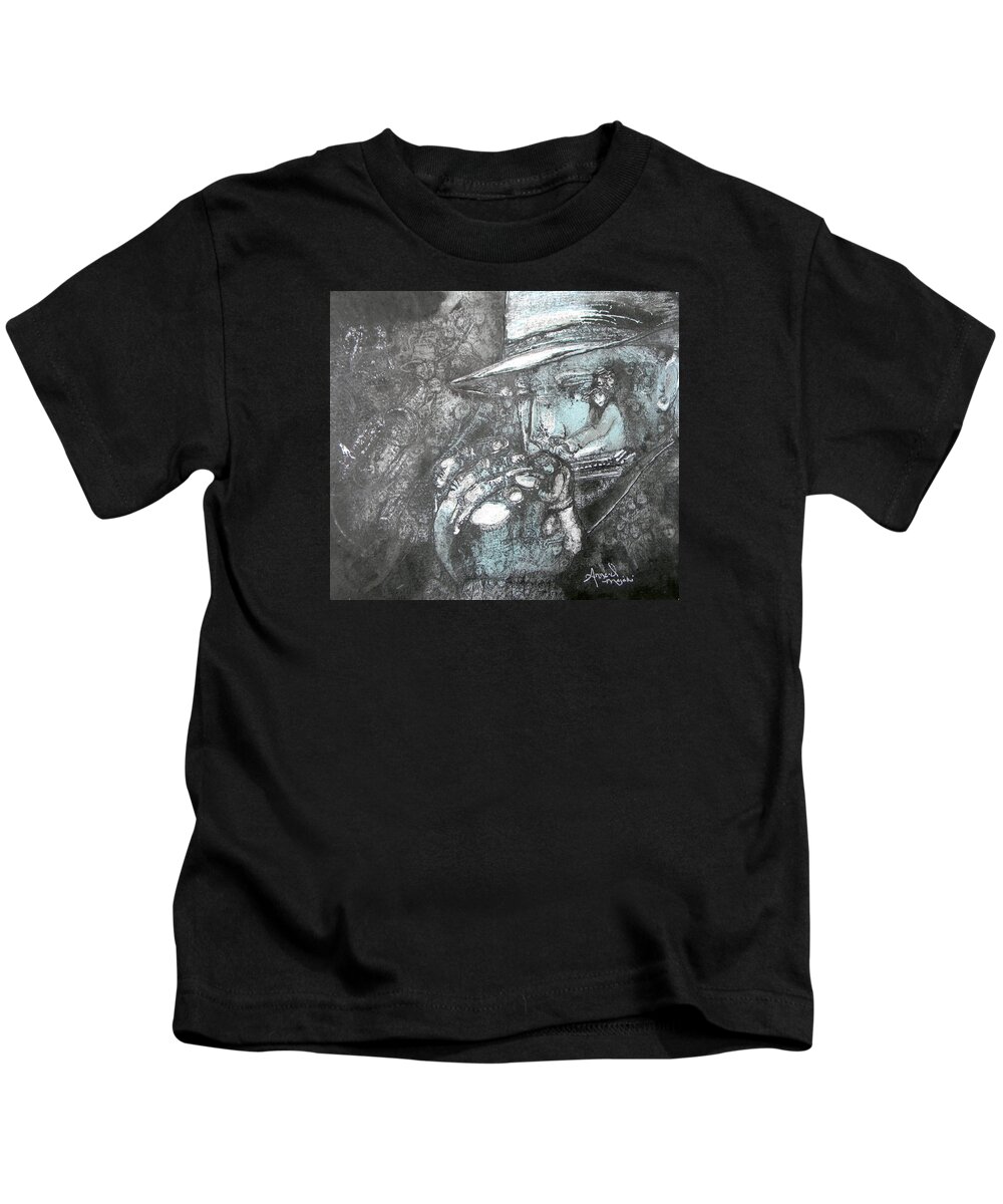 Divine Kids T-Shirt featuring the painting Divine Blues by Anne-D Mejaki - Art About You productions
