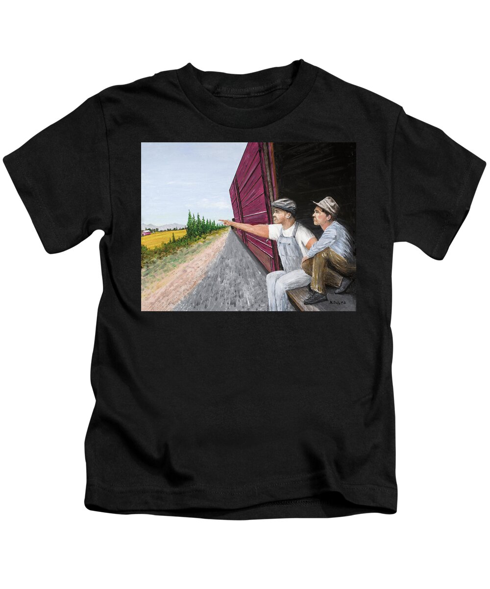 Steinbeck Kids T-Shirt featuring the painting Do You Think They Have Rabbits by Kevin Daly