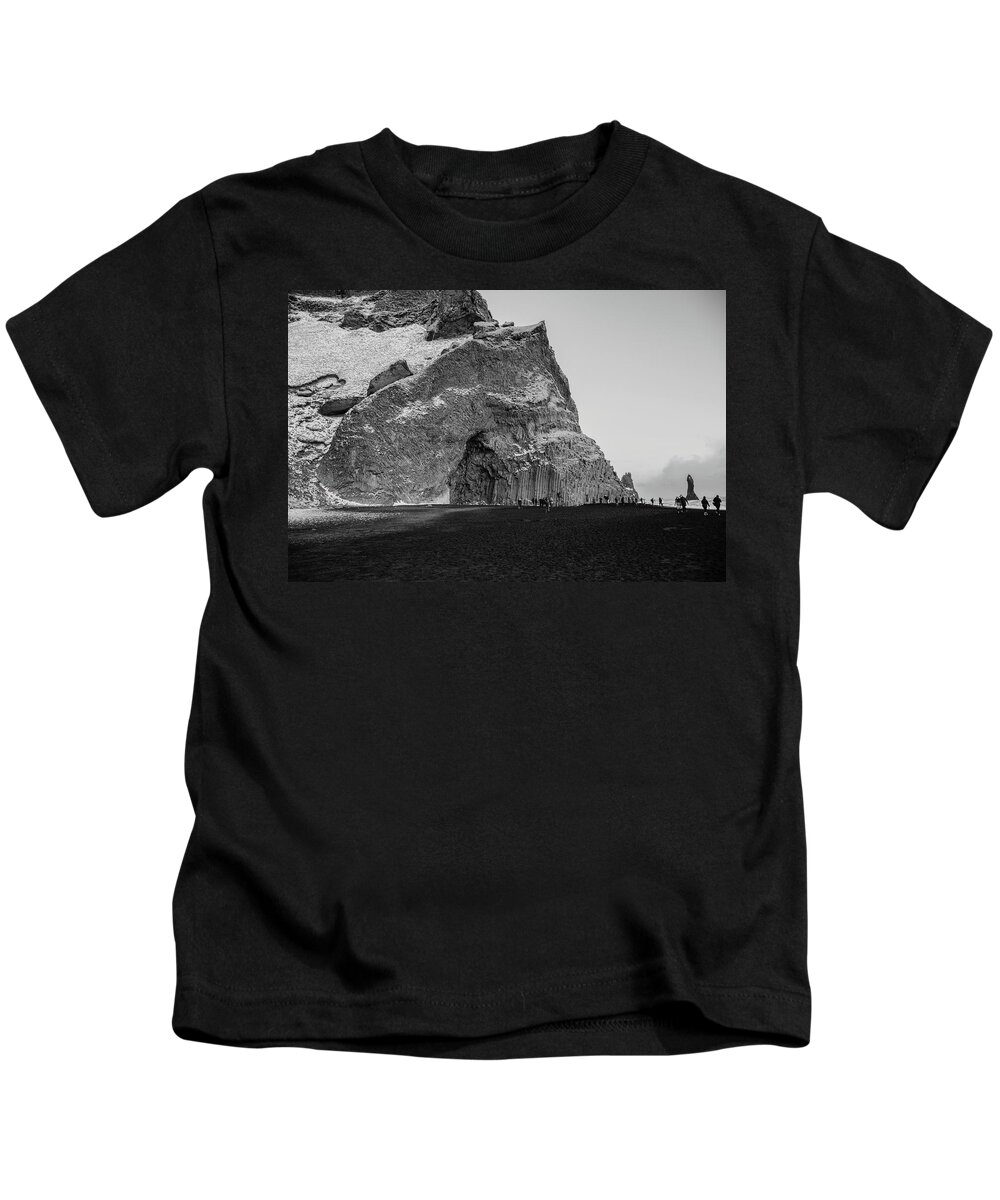 Black White Kids T-Shirt featuring the photograph Reynisfjara beach by Robert Grac