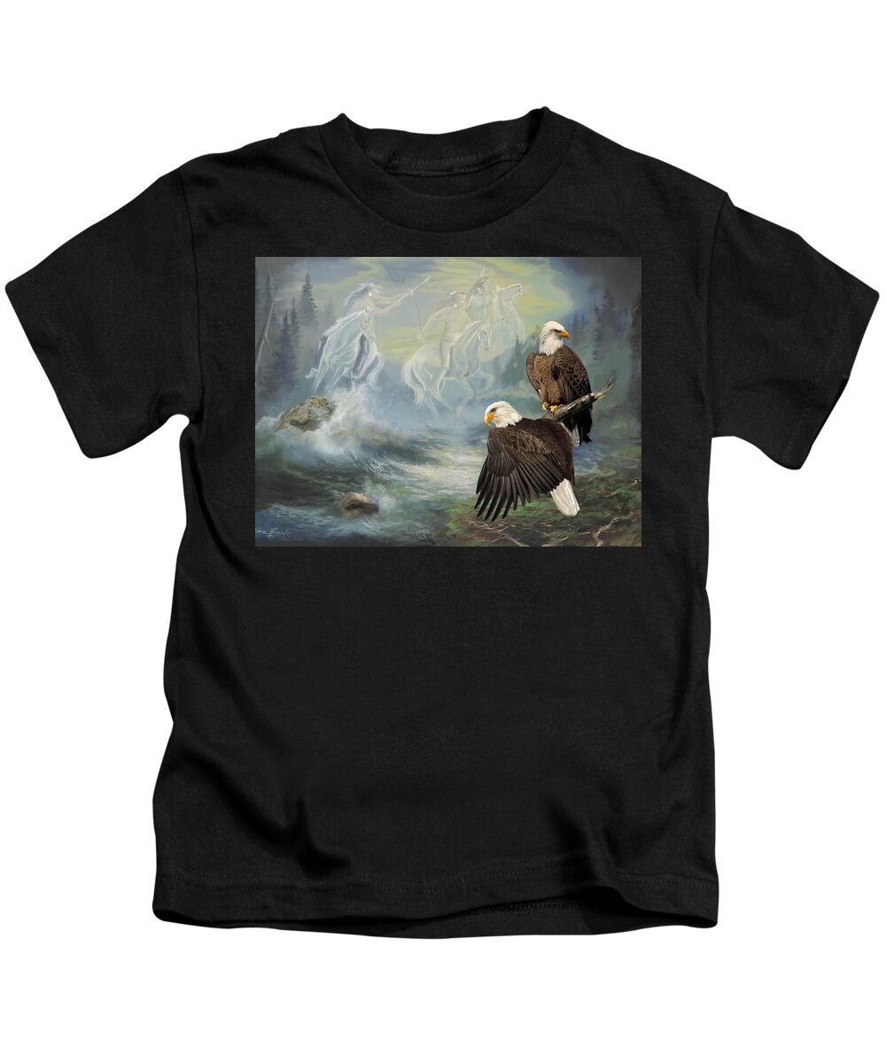  Animals Kids T-Shirt featuring the painting Eagels and Native American Spirit Riders by Regina Femrite