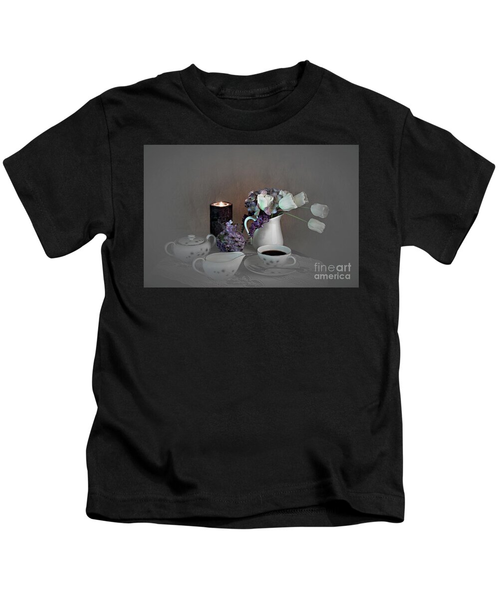Still Life Kids T-Shirt featuring the photograph Early Morning Coffee by Sherry Hallemeier