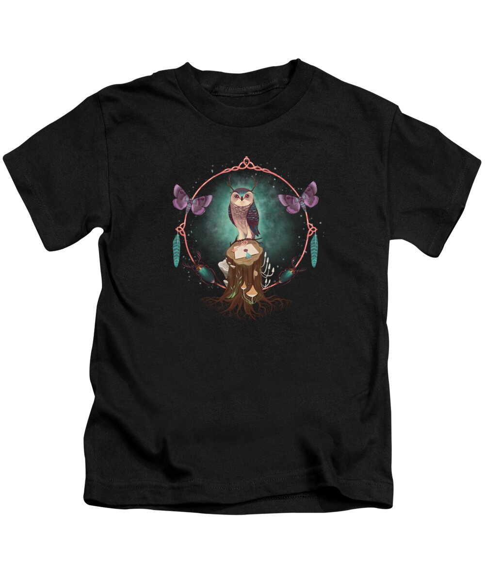 Painting Kids T-Shirt featuring the painting Enchanted Woodland Secret Keeper And Dream Catcher Art Print by Little Bunny Sunshine
